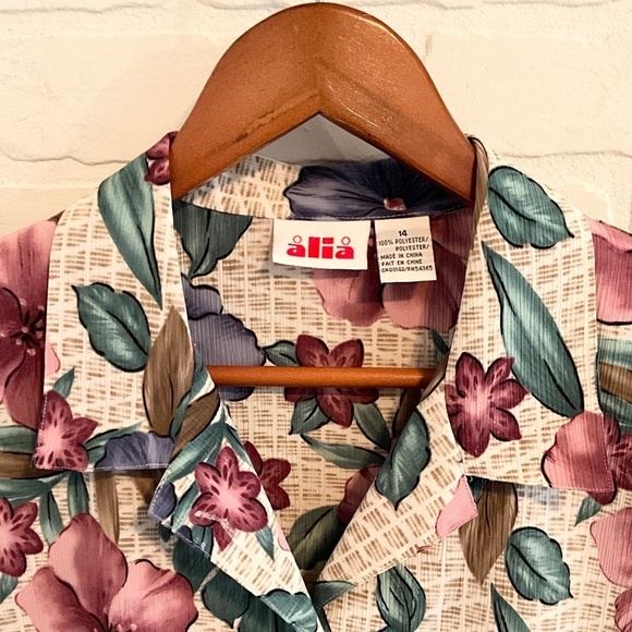 Vintage Button down shirt Tropical Floral Mixed print Aloha Cream Blue Dark 14 - Picture 8 of 8